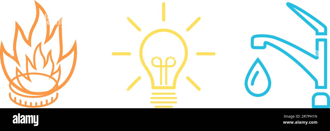 Line icons of Electricity, Gasification and Water supply as concept of
