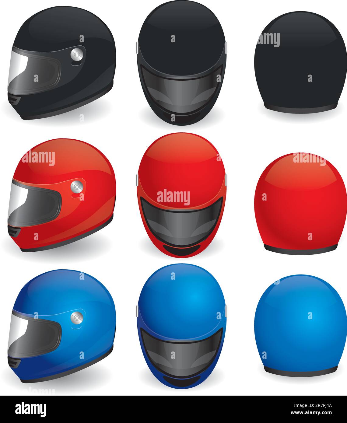 Vector illustration of motorcycle helmet. Black, red and blue set Stock