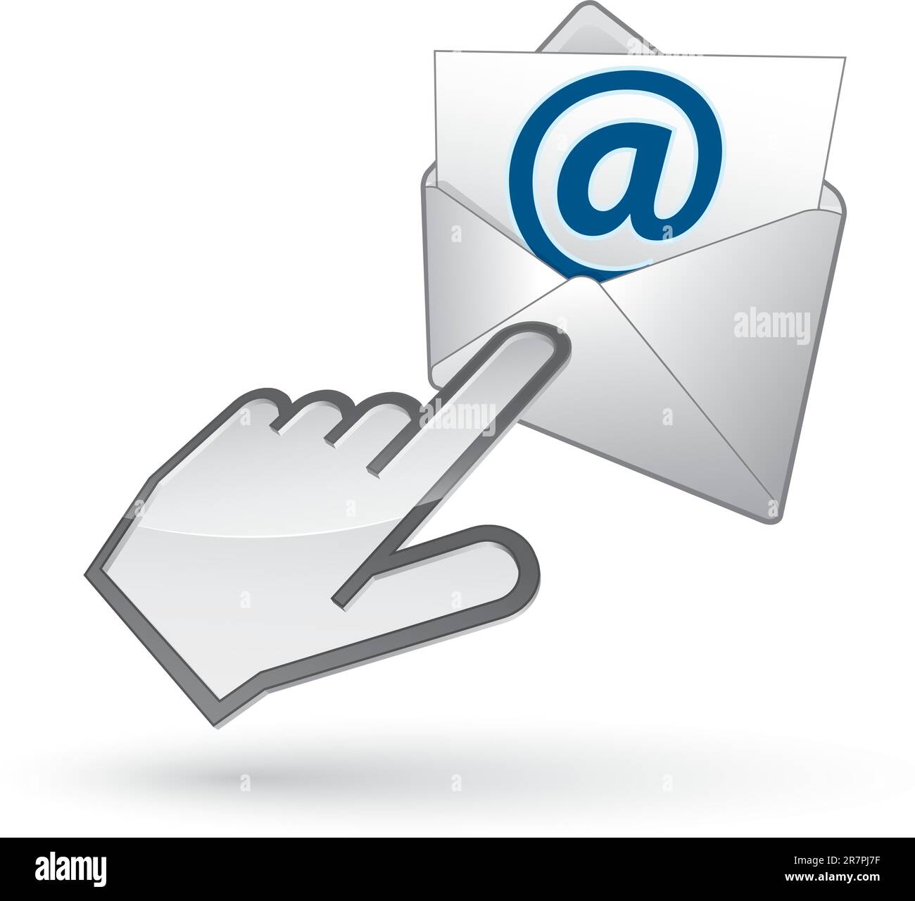 Icon of lefthanded cursor on email envelope, with shadow on white background Stock Vector