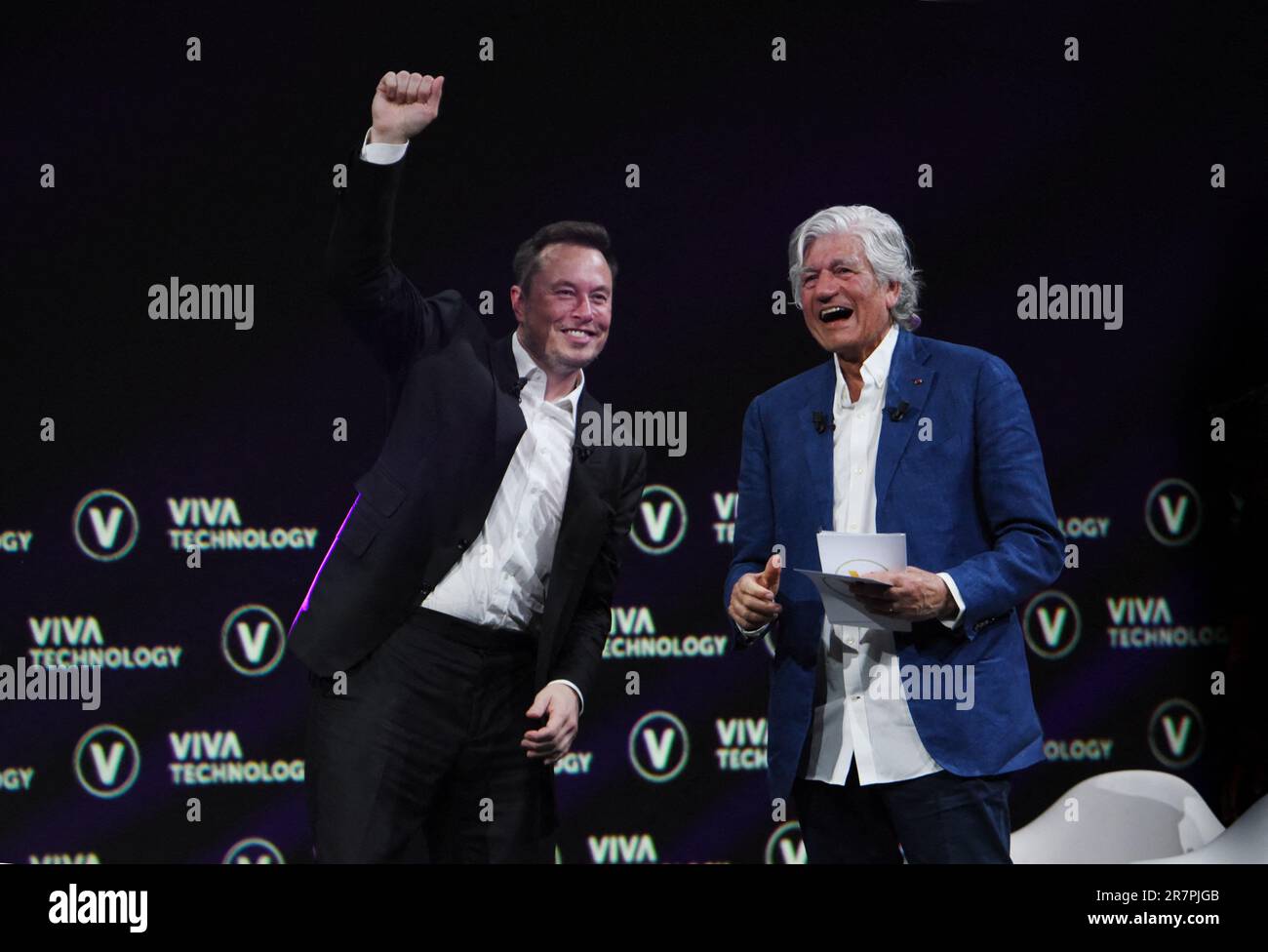 Paris, France. 16th June, 2023. Elon Musk and Publicis Groupe Chairman  Maurice Levy speaks during the Viva Technology (Vivatech) 2023 Fair in  Paris France on June 16, 2023. Photo by Alain Apaydin/ABACAPRESS.COM