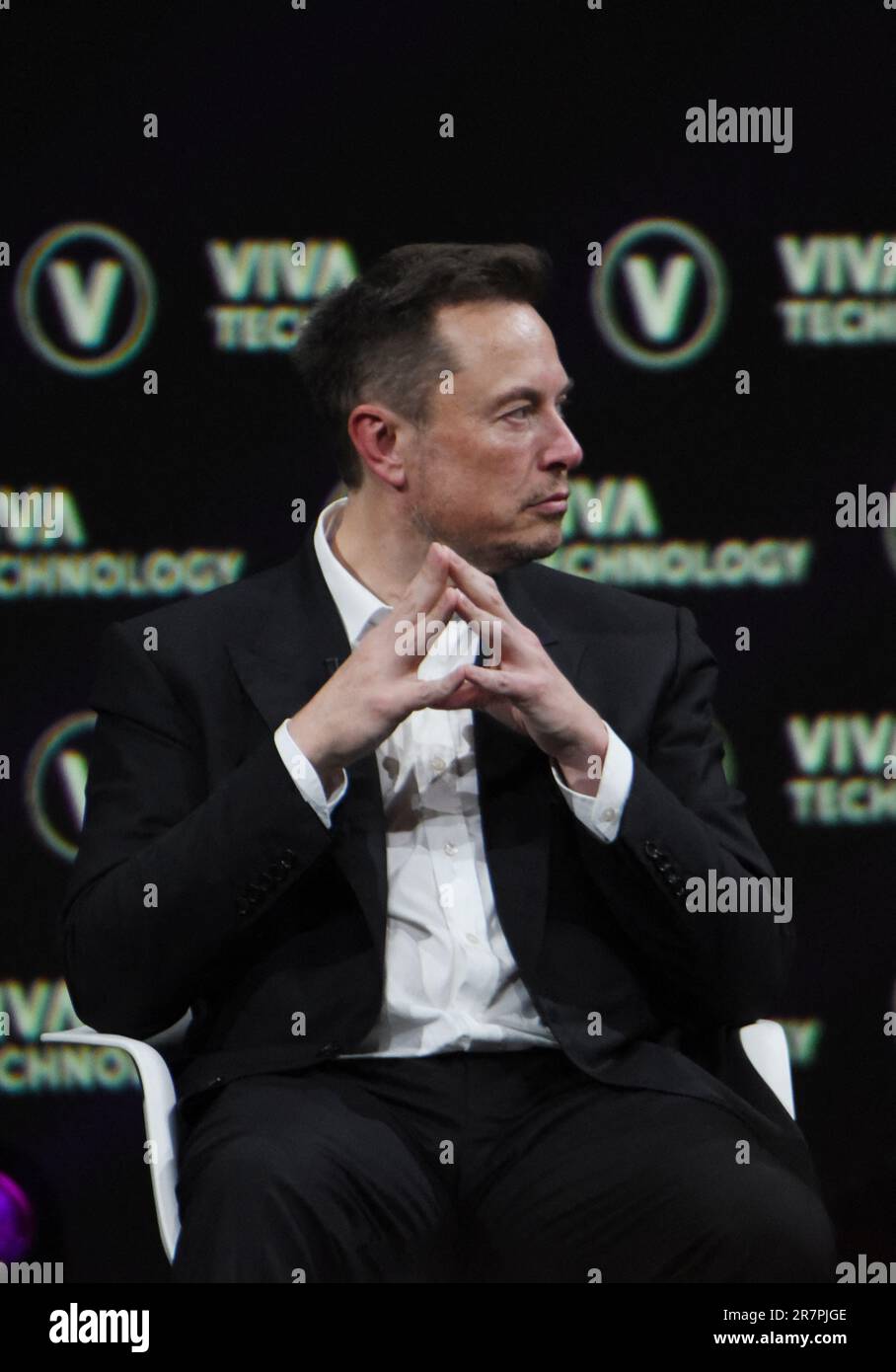 Paris, France. 16th June, 2023. Elon Musk and Publicis Groupe Chairman  Maurice Levy speaks during the Viva Technology (Vivatech) 2023 Fair in  Paris France on June 16, 2023. Photo by Alain Apaydin/ABACAPRESS.COM