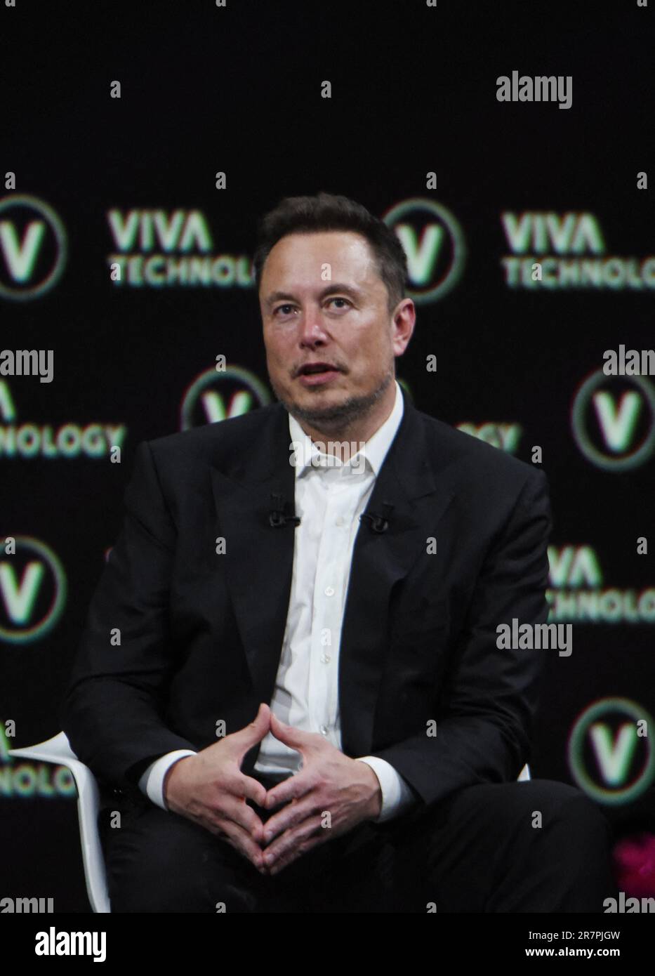 Paris, France. 16th June, 2023. Elon Musk and Publicis Groupe Chairman  Maurice Levy speaks during the Viva Technology (Vivatech) 2023 Fair in  Paris France on June 16, 2023. Photo by Alain Apaydin/ABACAPRESS.COM