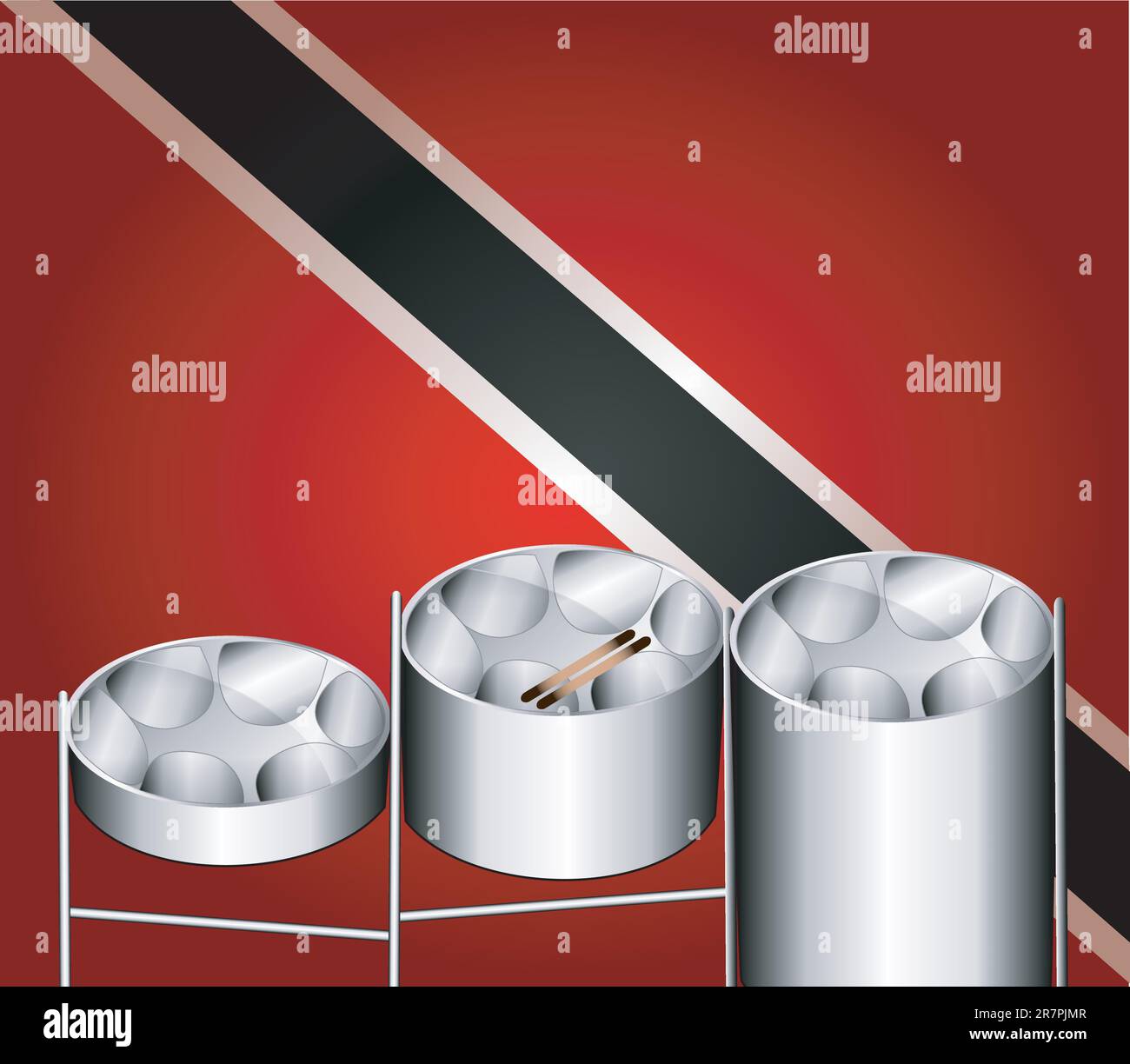 Vector Illustration of flag with three variations of Steel Pan Drums with invented in Trinidad and Tobago. Stock Vector