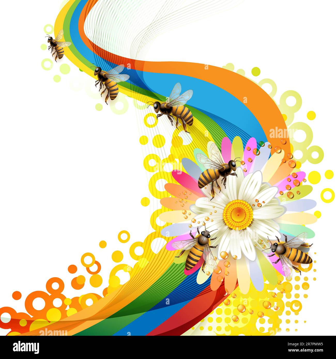 Bees over colorful background with flower Stock Vector