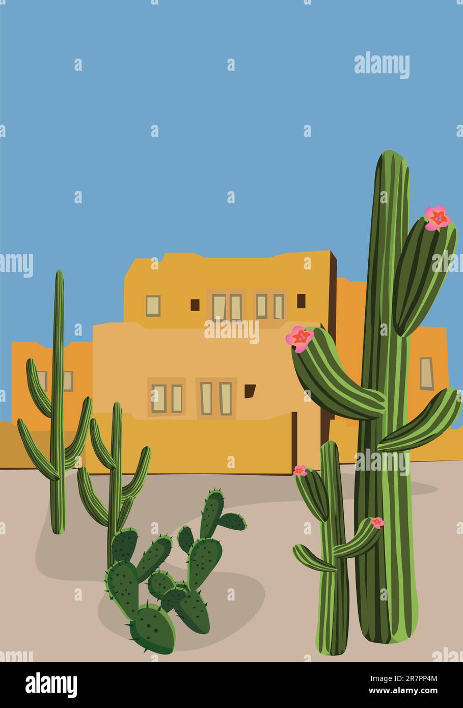 A Mexican urban scene with buildings and cactus Stock Vector