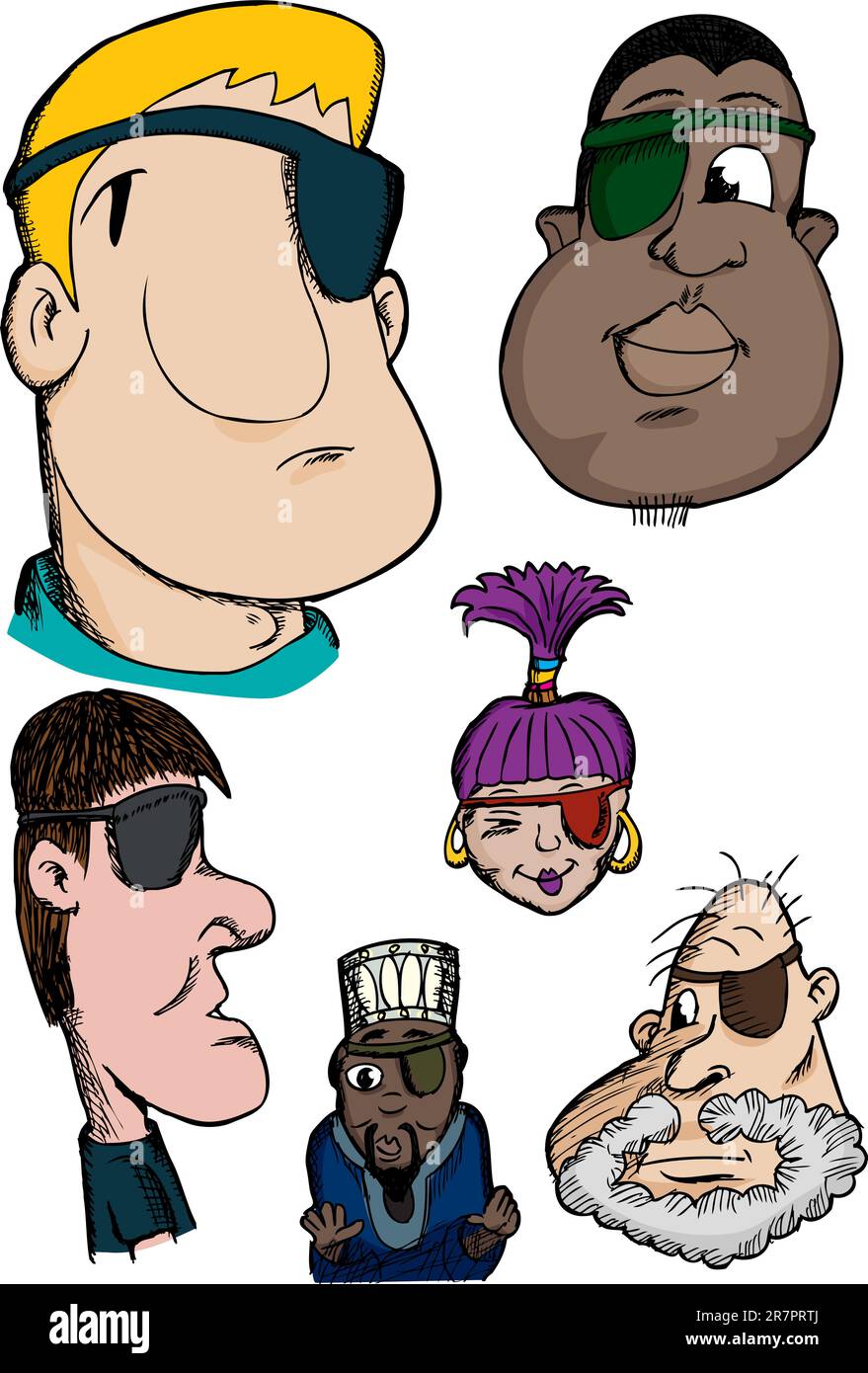 Group of six diverse cartoon heads with an eyepatch Stock Vector