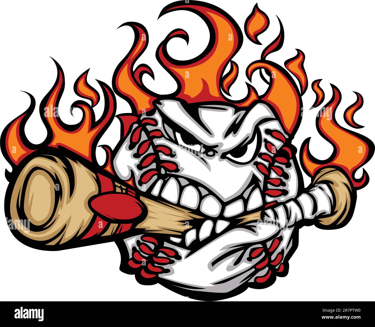 Flaming Baseball Ball Face Biting Bat Illustration Vector Stock Vector