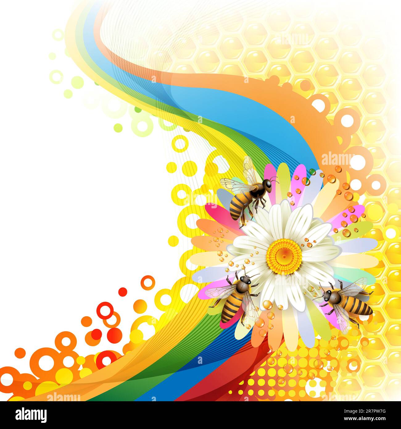 Bees and honeycombs over floral background Stock Vector