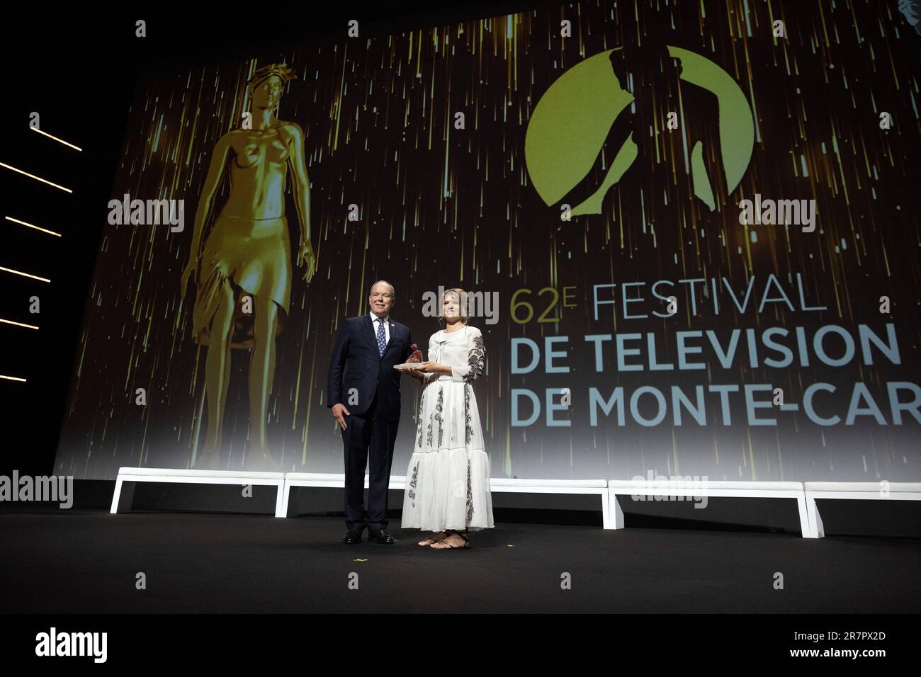 Checy, France. 17th June, 2023. Julia de Nunez receives the Nymphe d Or Award for Best Newcomer Actress by Prince Albert II of Monaco during the opening ceremony during the 62nd Monte Carlo TV Festival on June 16, 2023 in Monte-Carlo, Monaco. Photo by David Niviere/ABACAPRESS.COM Credit: Abaca Press/Alamy Live News Stock Photo