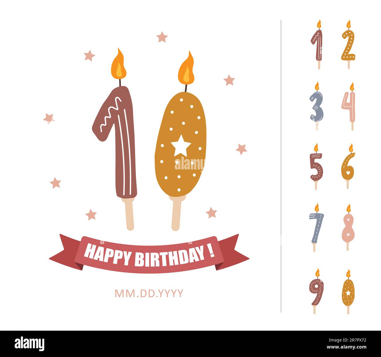 Birthday numbers candles with burning flames. Cute boho elements for