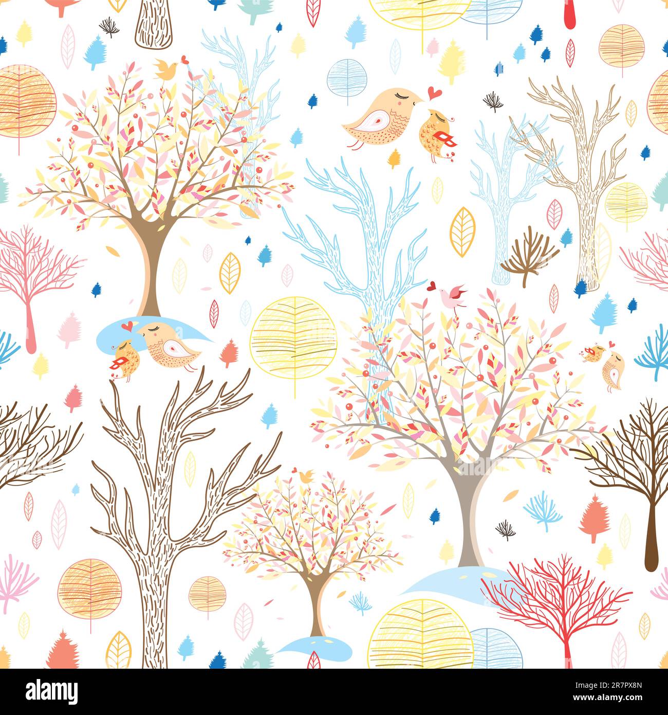 seamless pattern from autumn forest with birds on a white background Stock Vector