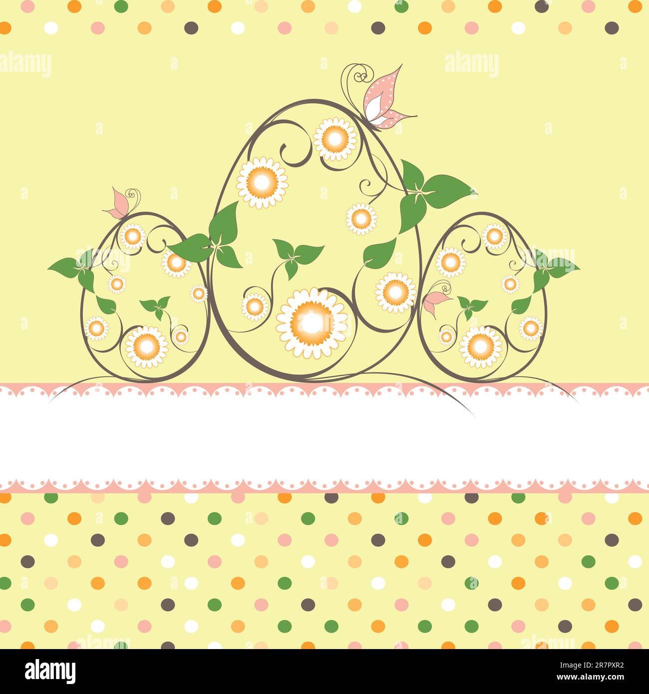 Springtime Easter greeting card daisy butterfly on yellow background Stock Vector