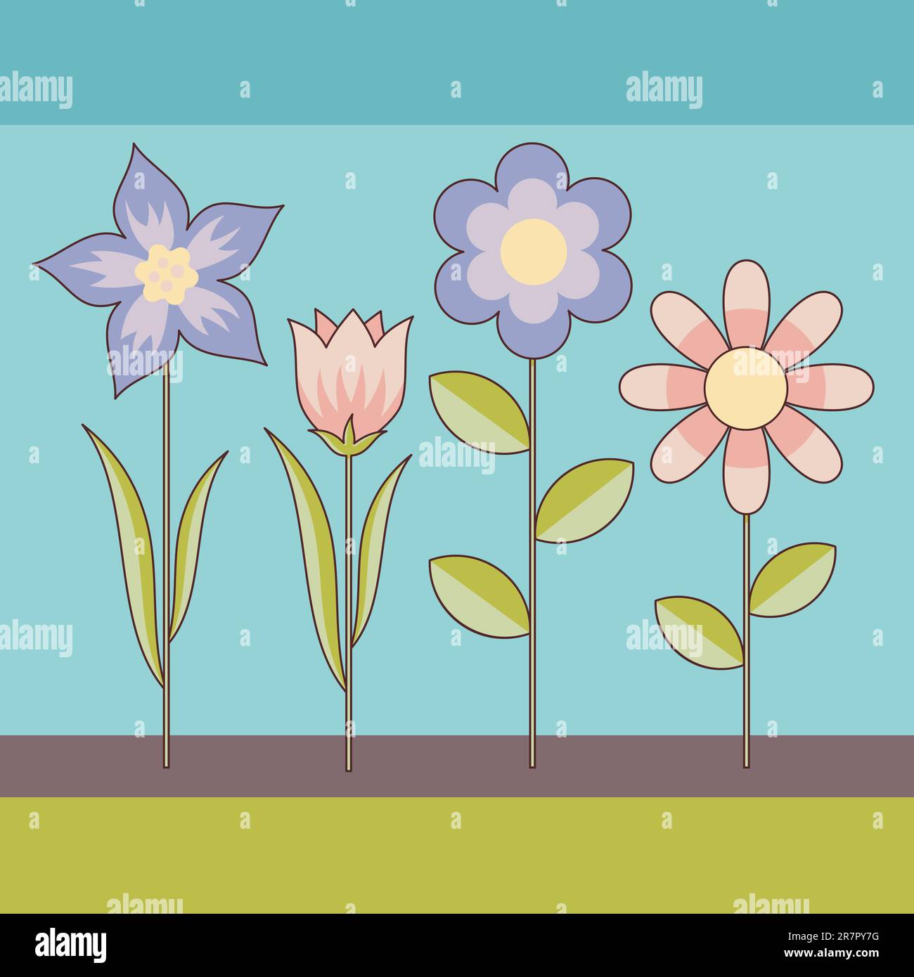 Decorative background of cartoon flowers in retro color tones. Stock Vector