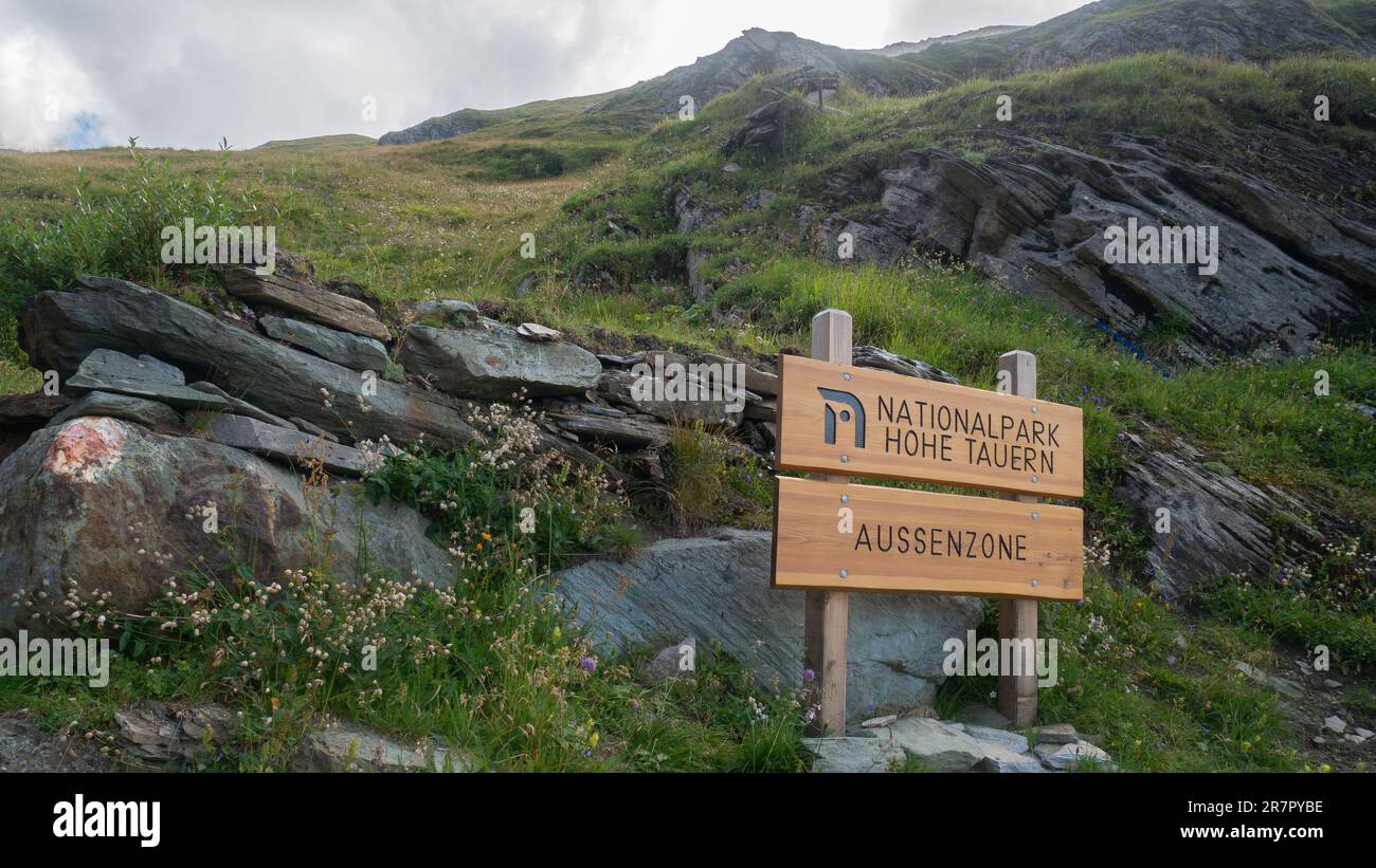 High Tauras National Park sign in alpine environment, Austrian Alps, Europe Stock Photo