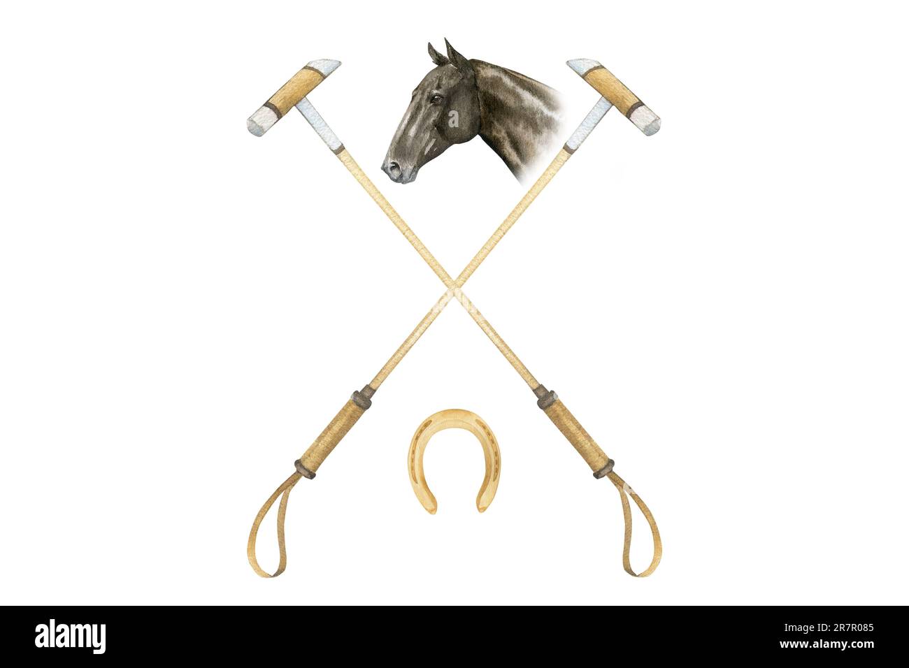 Minimalistic watercolor illustrations of horse portrait, golden horseshoes and horse polo sticks , isolated. Illustration on the theme of horse polo Stock Photo