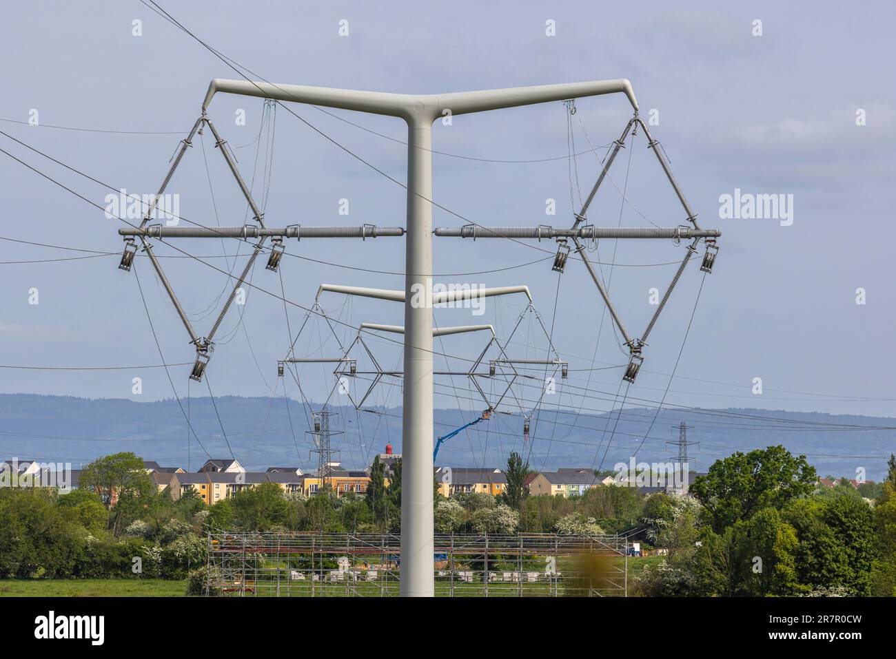 Pulling the power cables through snatch blocks Stock Photo - Alamy