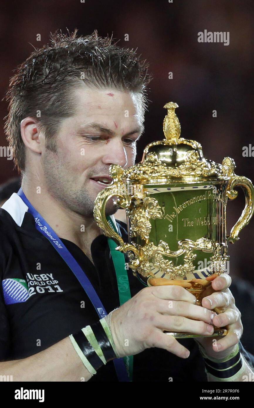 New Zealand’s captain Richie McCaw holds the cup after defeating France in the Rugby World Cup final at Eden Park, Auckland, New Zealand, Sunday, October 23, 2011. Stock Photo