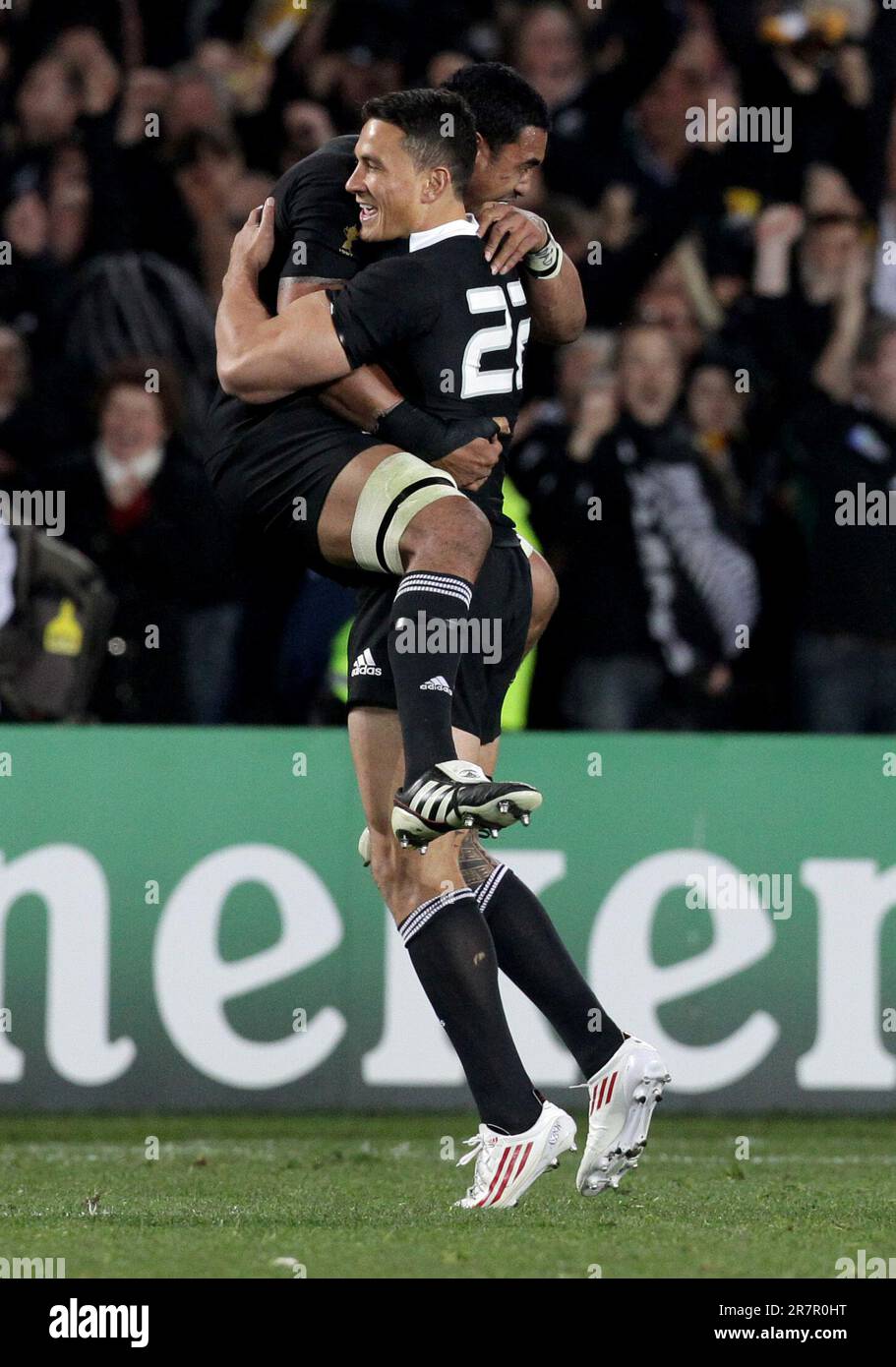 New Zealand’s Jerome Kaino celebrates with Sonny Bill Williams after defeating France in the Rugby World Cup final at Eden Park, Auckland, New Zealand, Sunday, October 23, 2011. Stock Photo