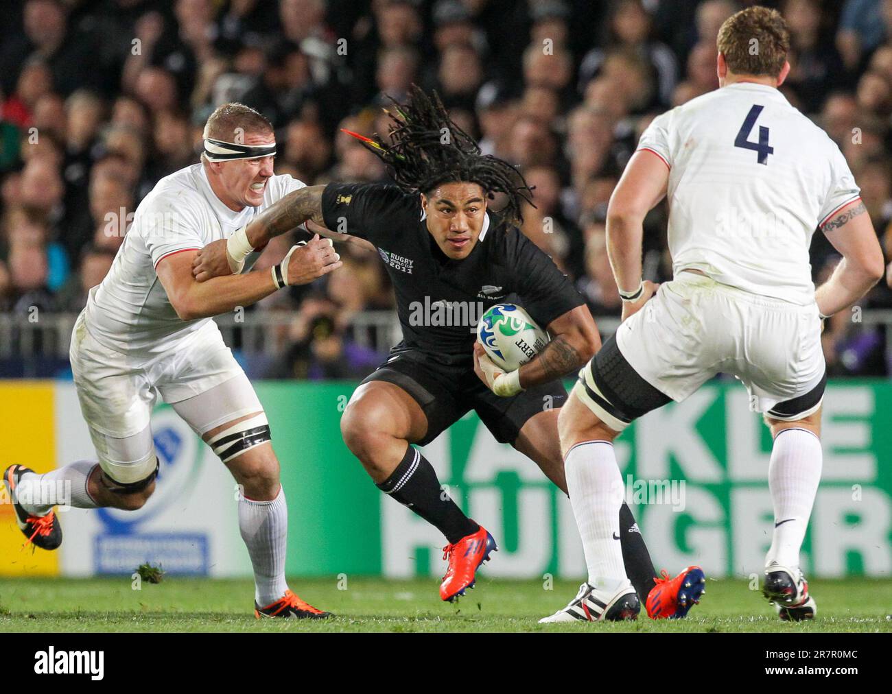 New Zealand’s Ma'a Nonu is challenged by France’s Imanol Harinordoquy in the Rugby World Cup final at Eden Park, Auckland, New Zealand, Sunday, October 23, 2011. Stock Photo