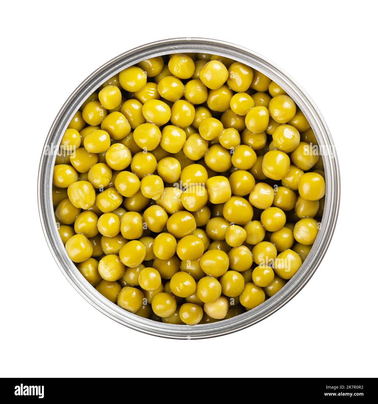 Canned green peas, in an open can. Small spherical seeds of the pod fruit Pisum sativum, boiled and canned to preserve the legumes. Stock Photo