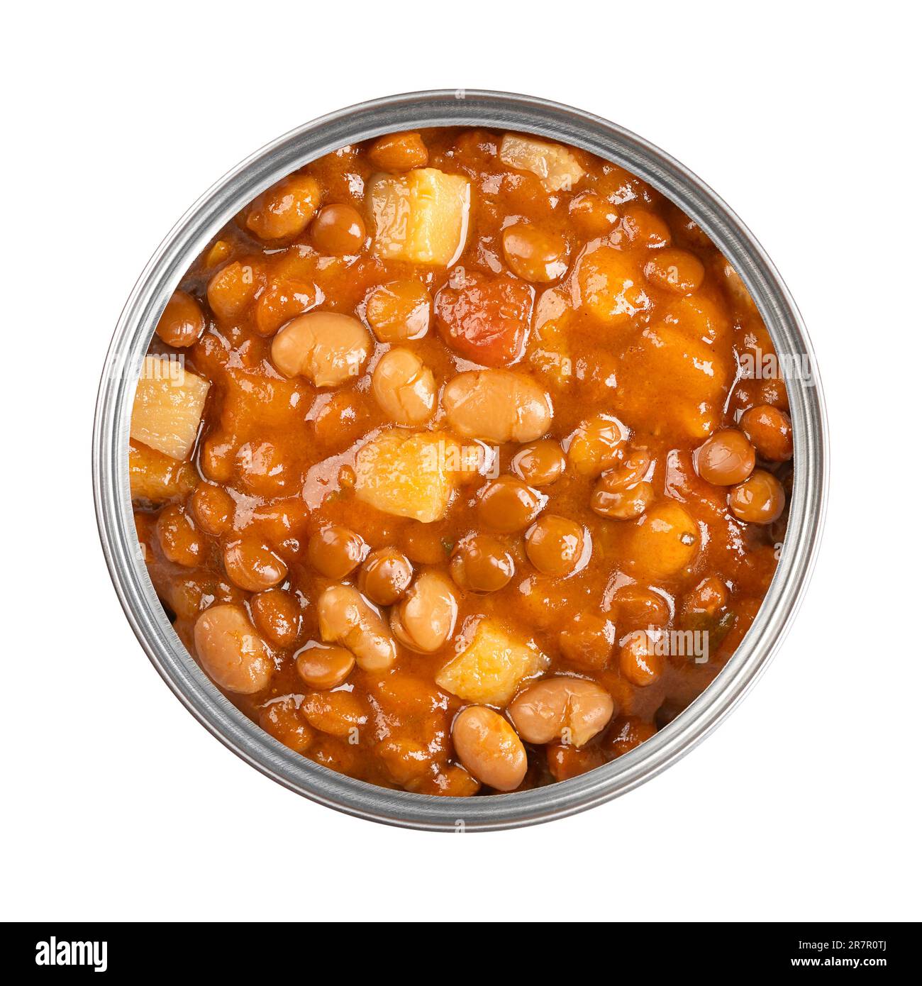 Lentil and bean stew, in an opened can. French stew of brown lentils, white beans, potatoes, tomatoes, onions and herbs, cooked in liquid. Stock Photo