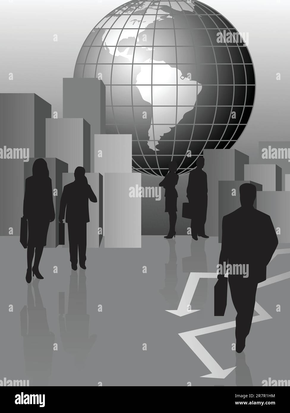 Background illustration with businessmen silhouettes and globe Stock Vector