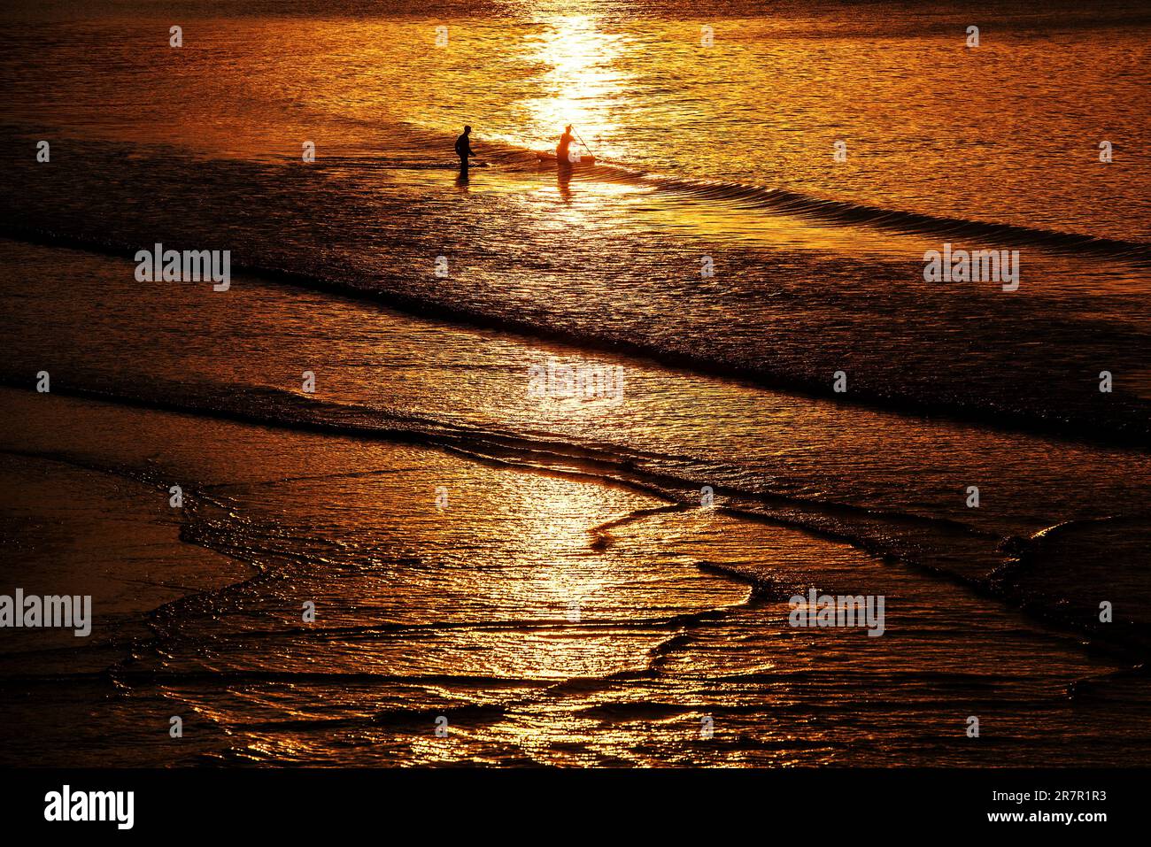 Scarborough, North Yorkshire, UK. 16th June 2023. Paddle boarders at sea at sunset at North Bay, Scarborough, North Yorkshire. Neil Squires/Alamy Live News Stock Photo