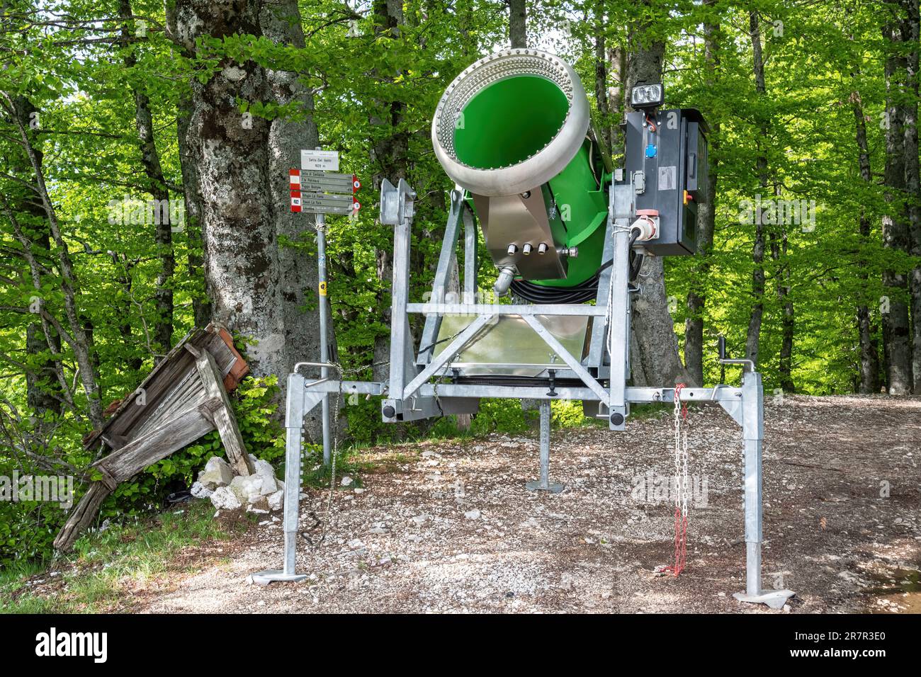 Snow making machine at Terminillo ski resort in the Apennines, Italy, in May. Snow cannon Stock Photo