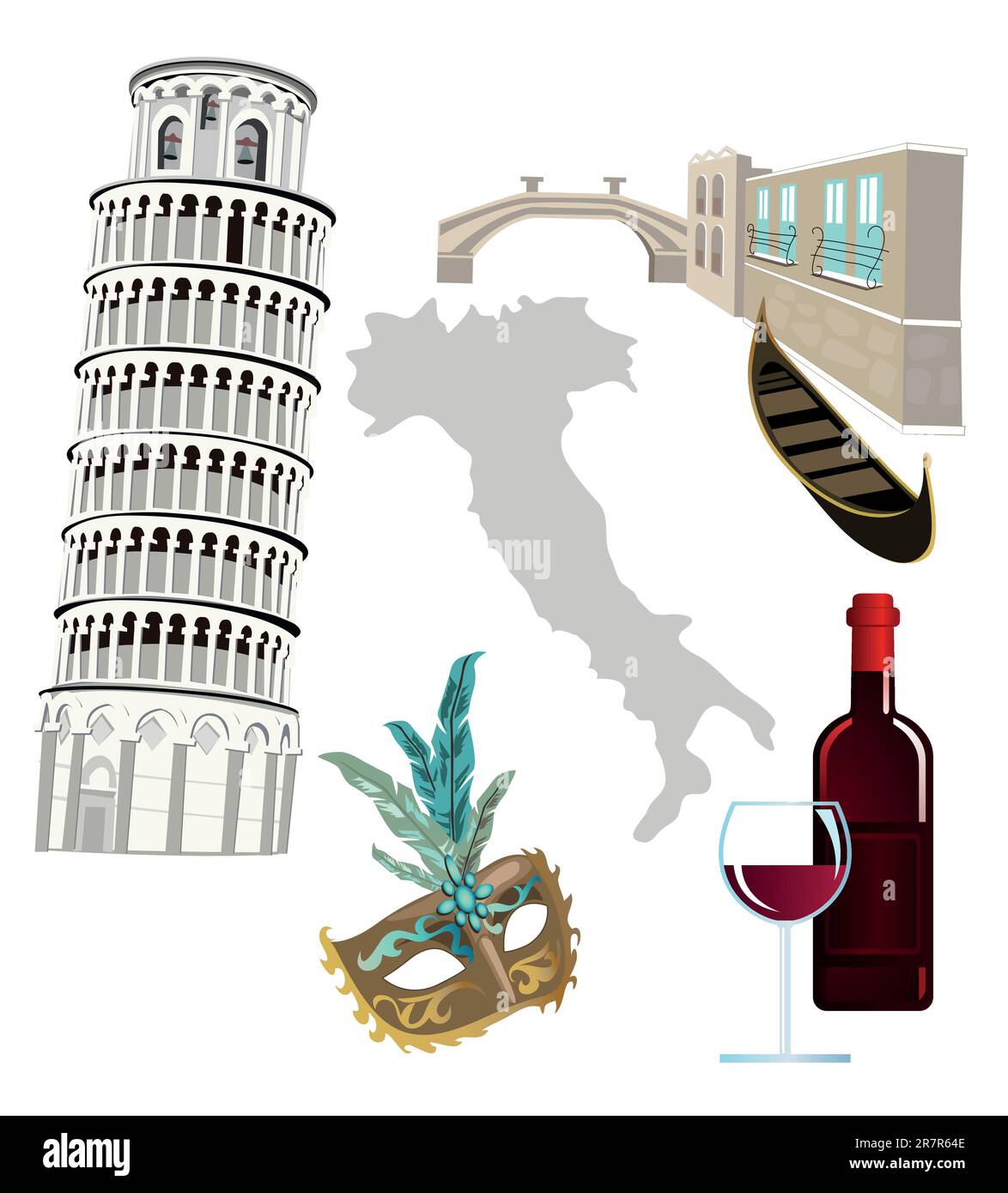 Symbols of Italy as Pisa tower, wine, venetian mask and gondola Stock Vector