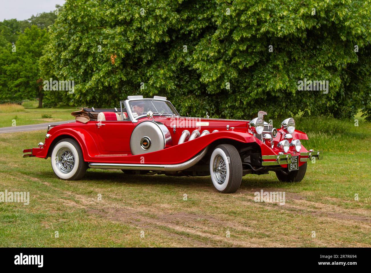 1932 30s thirties pre-war luxury cabriolet red Duesenberg; a range of rare, exciting and unusual vehicle enthusiasts & attendees at Worden Park Motor Village showcase, Leyland Festival, UK Stock Photo