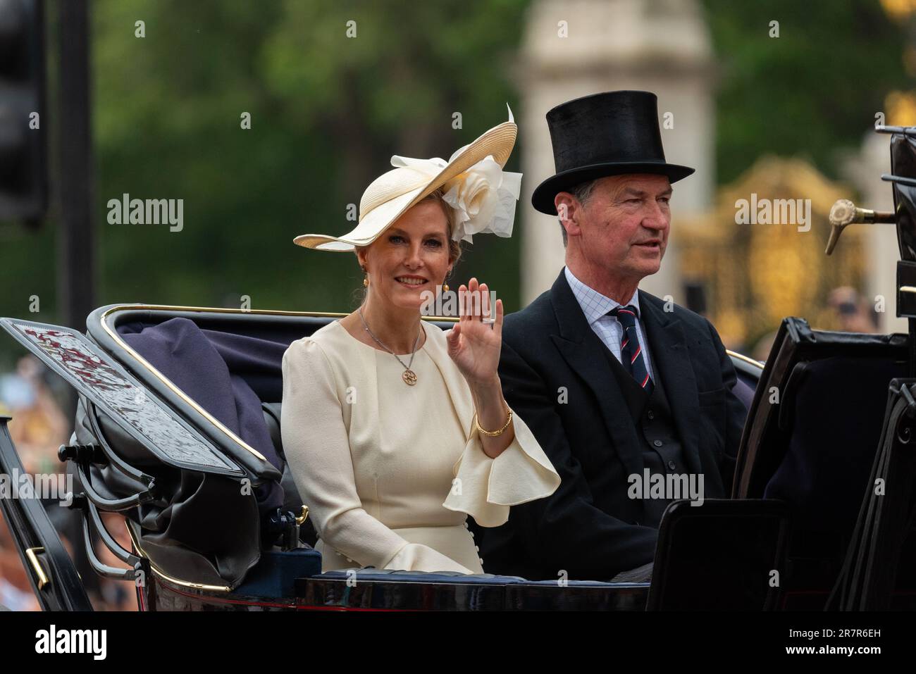 The Mall, Westminster, London, UK. 17th Jun, 2023. The Royal Family and massed bands and troops have travelled down The Mall to Horse Guards Parade for the Trooping of the Colour ceremony. It is the first under the reign of King Charles III who rode a horse. Sophie, Duchess of Edinburgh rode with Sir Timothy Laurence in a carriage Stock Photo