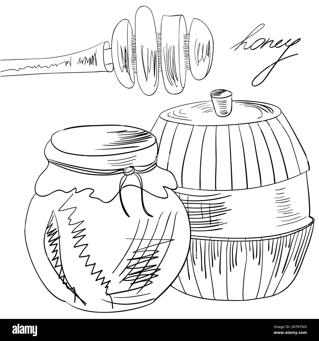 Sketch with glass jar full of honey and stick Stock Vector