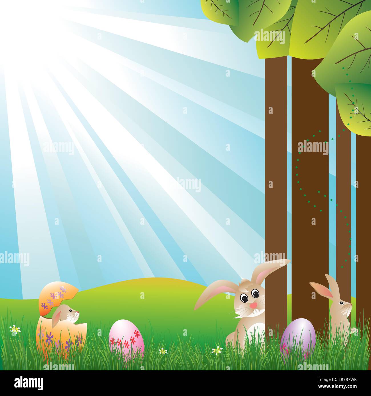 Springtime Easter holiday illustration rabbits and colorful easter egg Stock Vector
