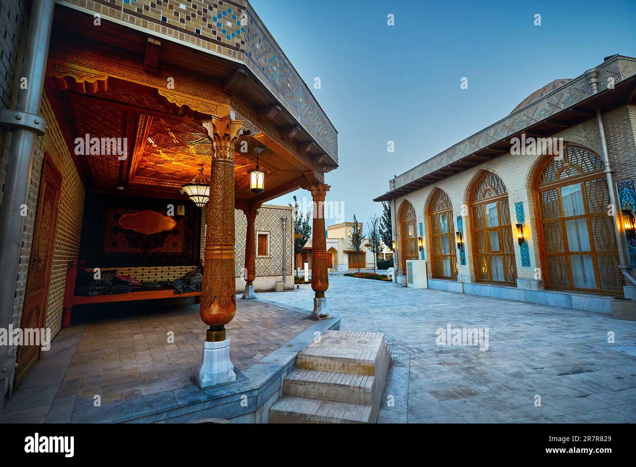 Samarkand Eternal city Boqiy Shahar Registan public square with mosque and minaret modern complex of ancient city in Uzbekistan Stock Photo