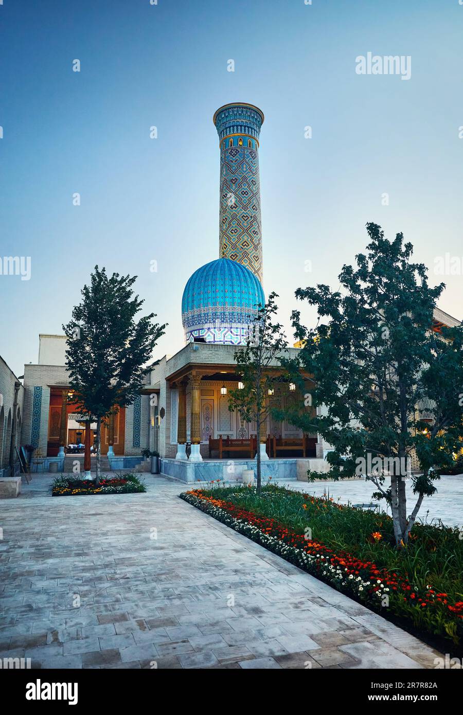 Samarkand Eternal city Boqiy Shahar Registan public square with mosque and minaret modern complex of ancient city in Uzbekistan Stock Photo