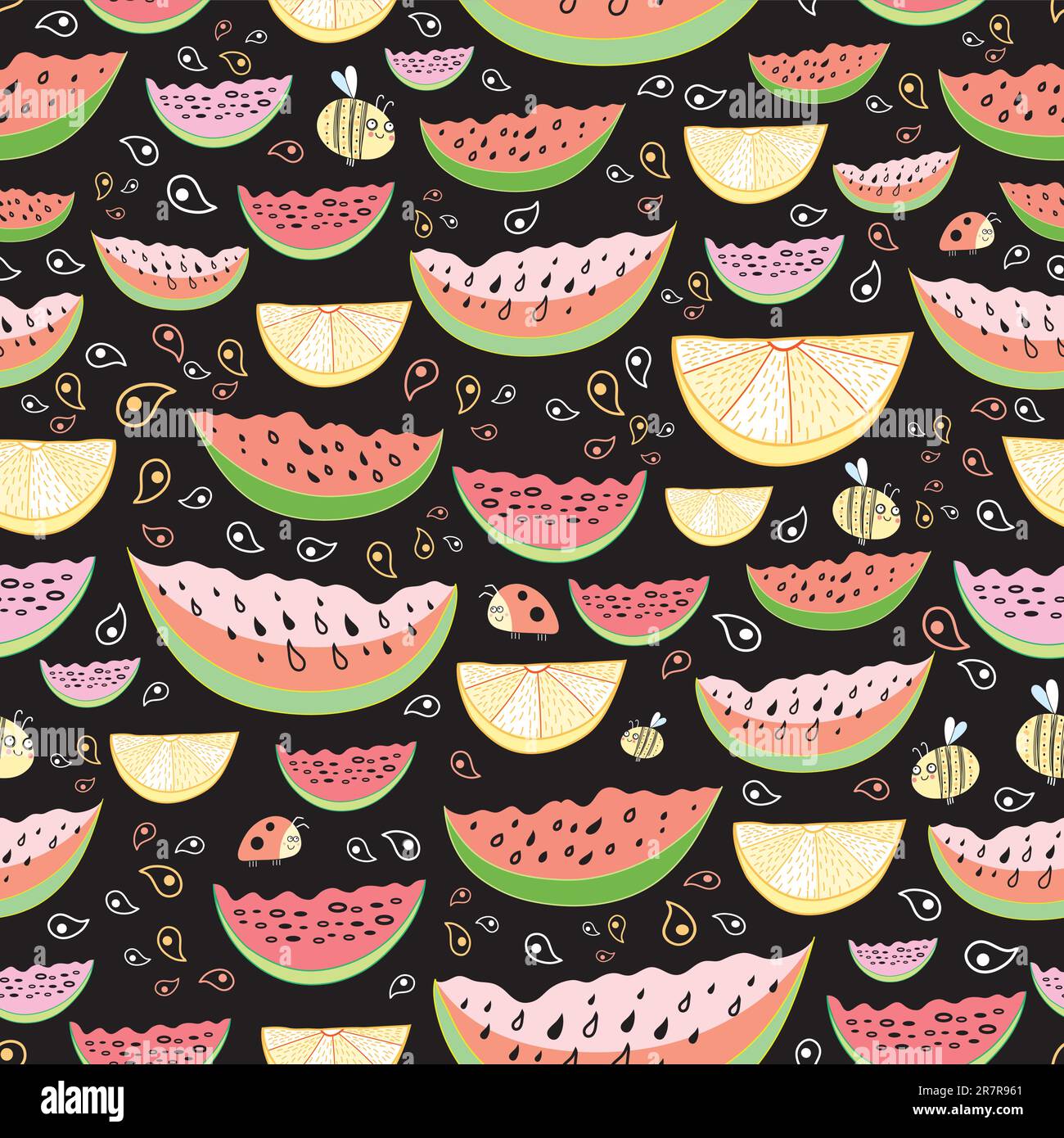 seamless pattern of bright pieces of watermelon and lemon on black background decorative Stock Vector