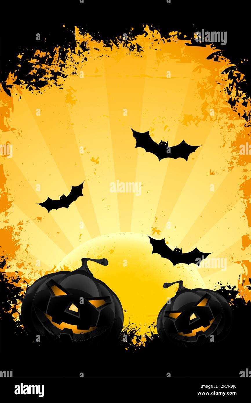 Grungy Halloween background with pumpkins bats and full moon Stock ...