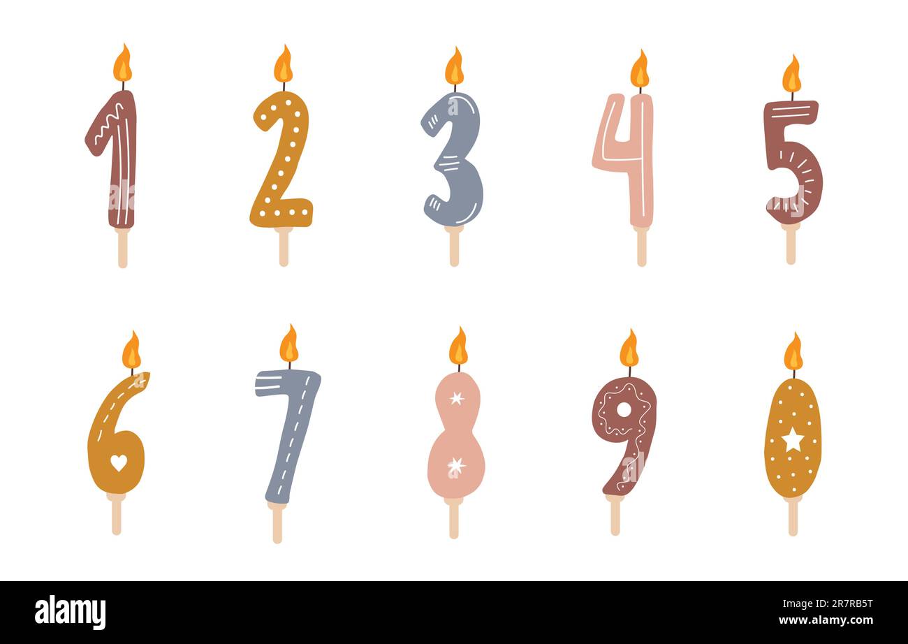 Birthday numbers candles with burning flames. Cute boho elements for