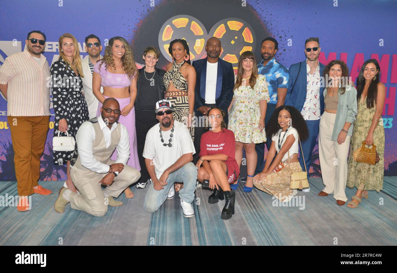 MIAMI BEACH, FLORIDA - JUNE 14: Miles Alva, Jenna Cavelle, Arbi Pedrossian, Kelley kali, Loren Swan, Shein Mompremier, Jimmy Jean-Louis, Allyson Morgan, Casey Ford Alexander, Rasa Partin, Kate Szekely, Isabel Bermudez, Jongnic Bontemps, Guest, Angely Malave and Cristina Encarnacion attend the Screening 'Jagged Mind' during the 2023 American Black Film Festival at Miami Beach Convention Center on June 14, 2023 in Miami Beach, Florida.  (Photo by JL/Sipa USA) Stock Photo