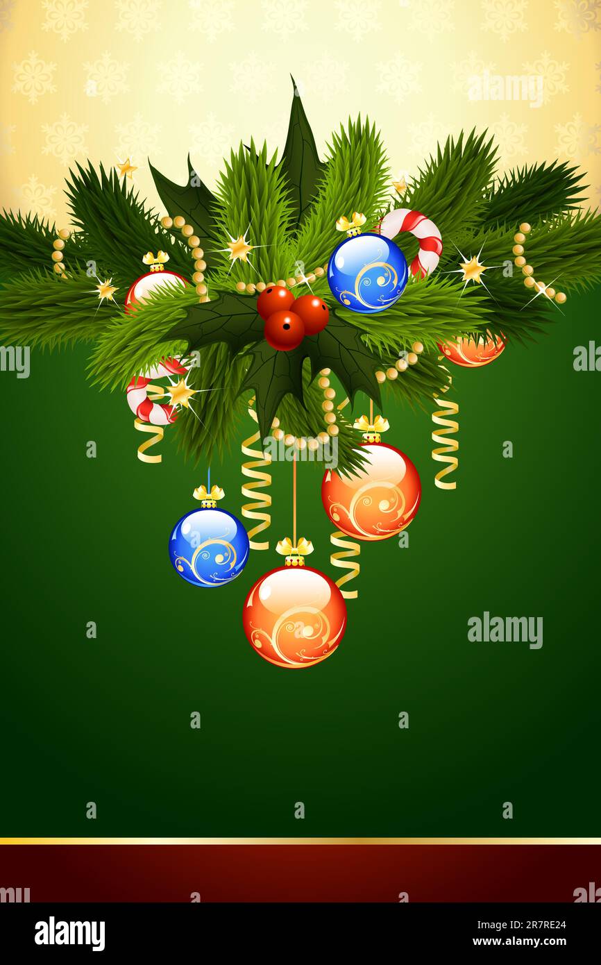 Christmas Card with fir mistletoe and decoration for your design Stock ...