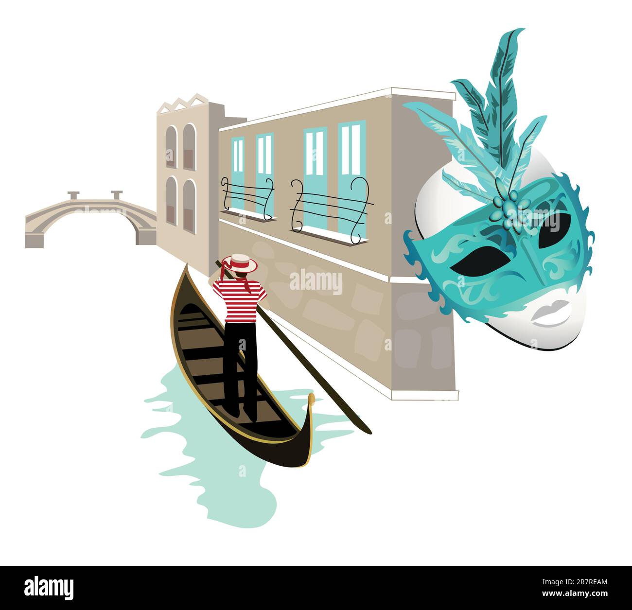 Venice canal view with a gondolier on his gondola and a mask Stock Vector