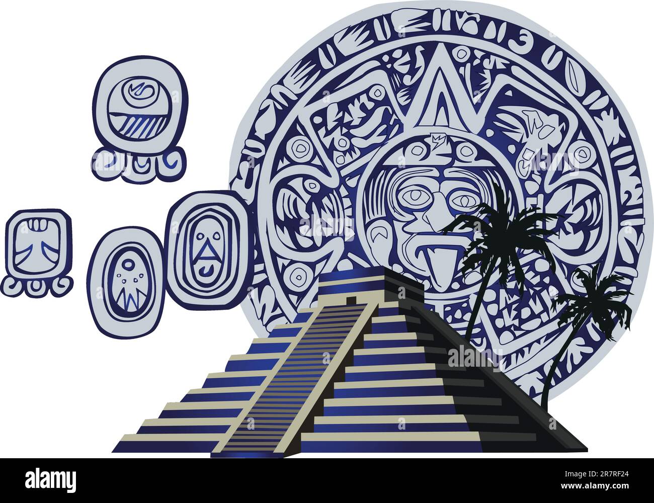 Illustration with Mayan Pyramid and ancient glyphs Stock Vector