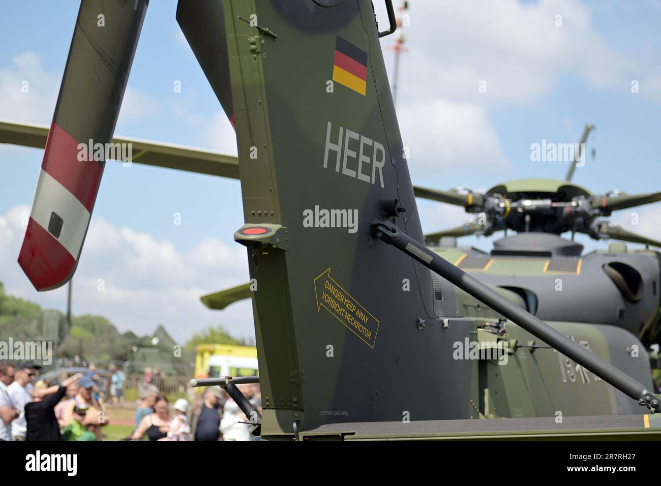 17 June 2023, Brandenburg, Brandenburg/Havel: A Bundeswehr Army transport helicopter stands on a fairground during the Bundeswehr Day 2023 in Brandenburg/Havel. Photo: Michael Bahlo/dpa Stock Photo