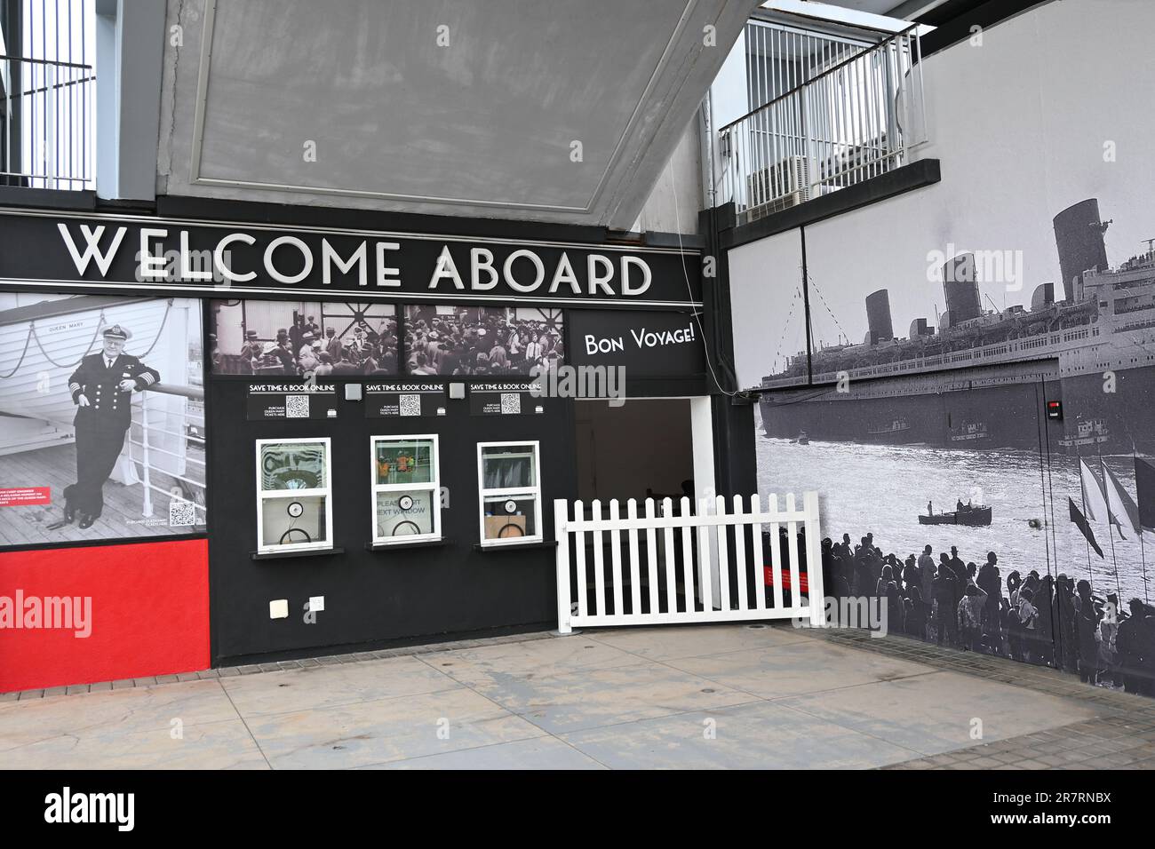 LONG BEACH, CALIFORNIA - 14 JUN 2023: Welcome Aboard sign and historical graphics at the Queen Mary Hotel Stock Photo