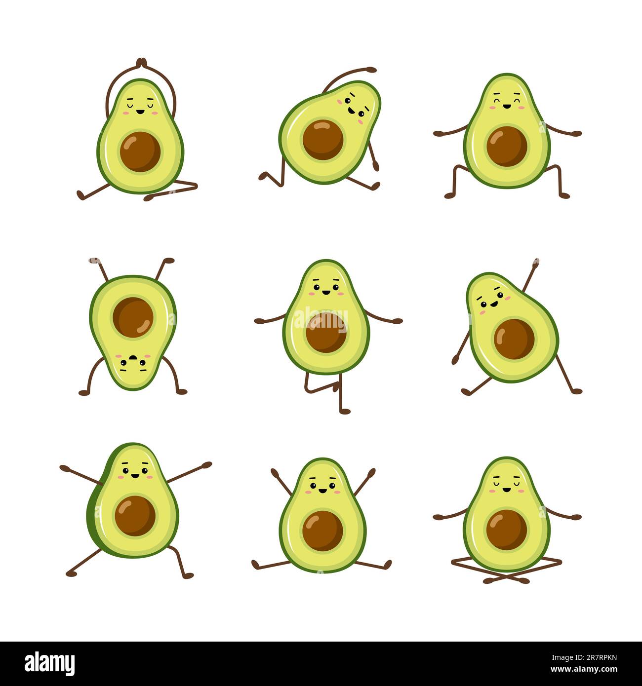 Cute kawaii avocado stickers. Set of doodle fruit on green background ...