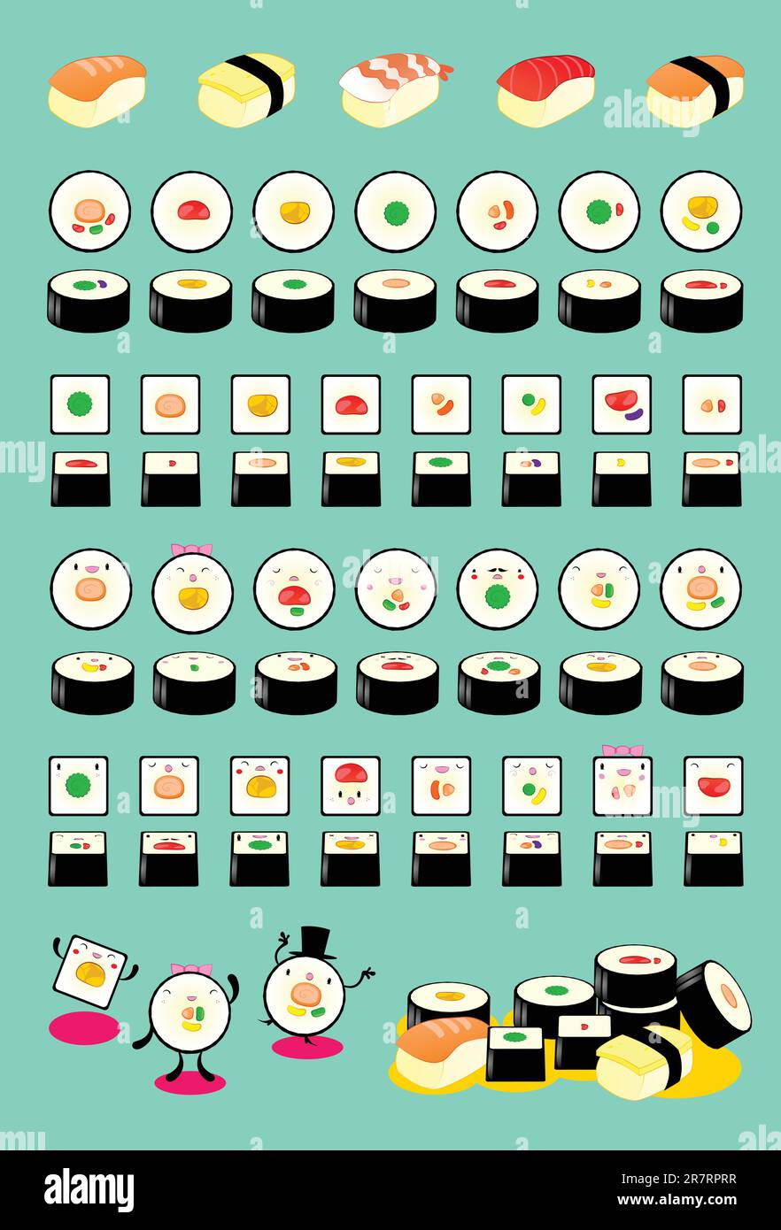 A large set of  2d & 3d sushi and non-character & character sushi Stock Vector