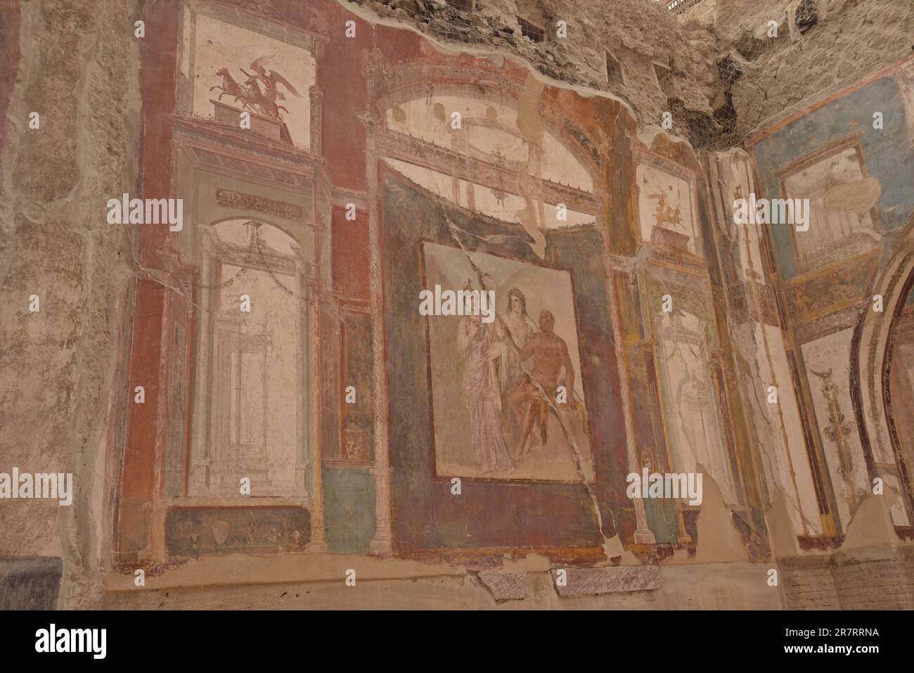 Remains of wall art paintings at the Roman town of Herculaneum, buried ...