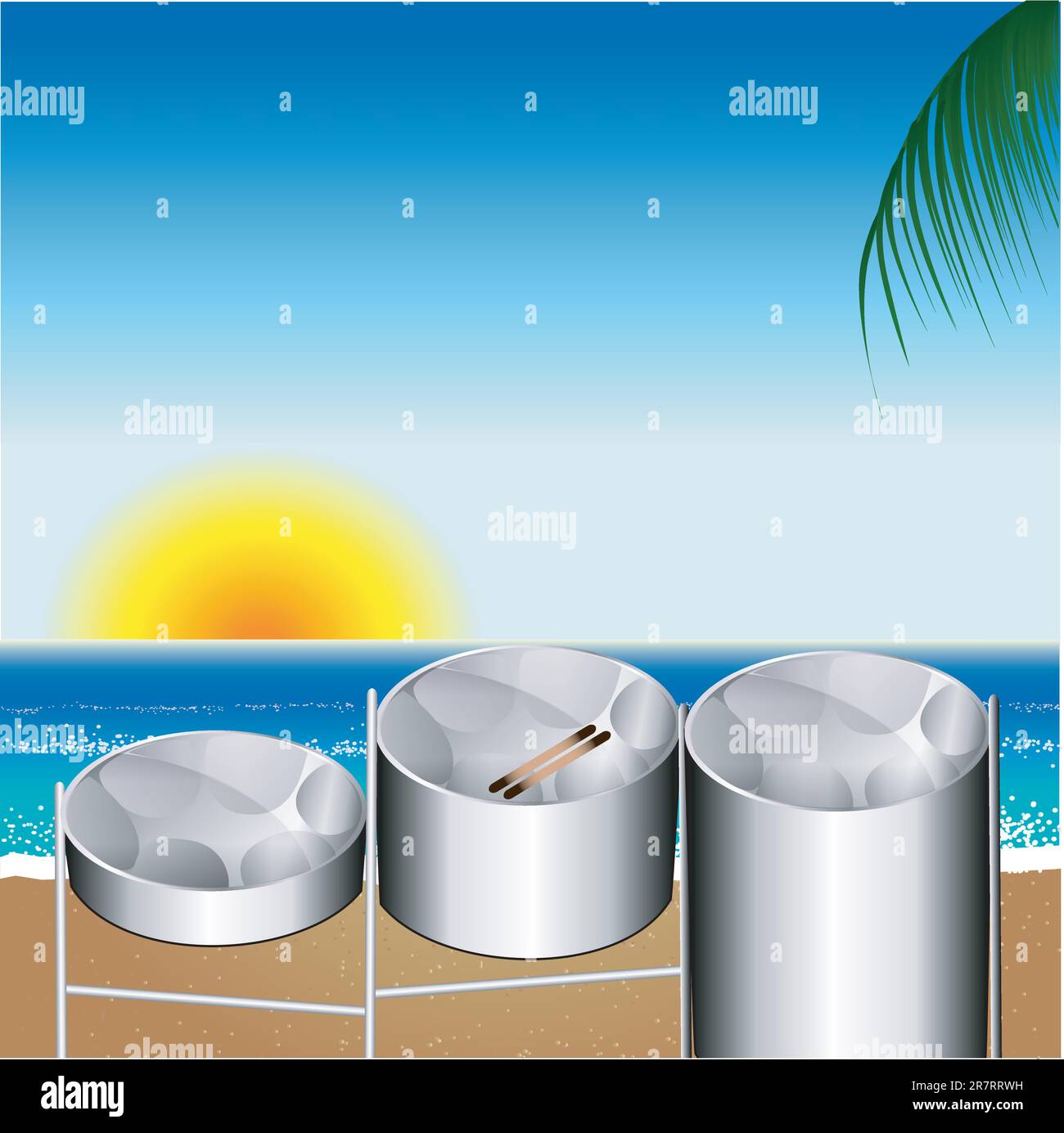 Vector Illustration of three variations of Steel Pan Drums on the beach invented in Trinidad and Tobago. Stock Vector