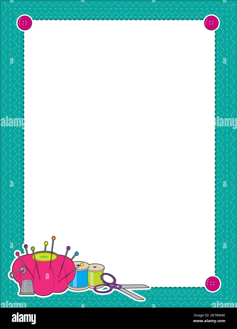 A border or frame featuring sewing supplies in the lower left corner - scissors,pin cushion,thread,thimble Stock Vector