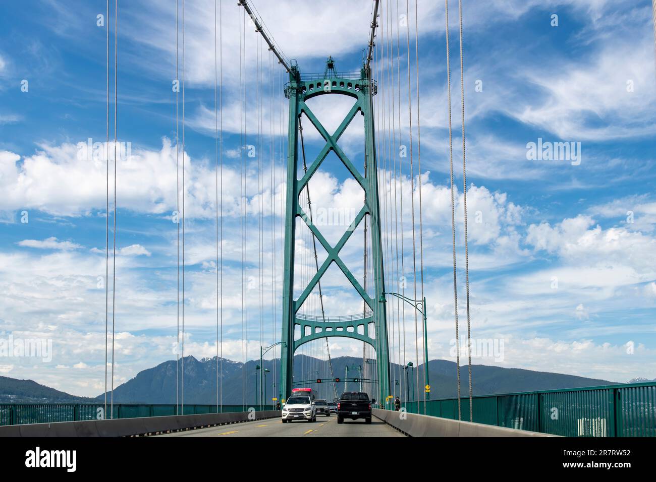 Vancouver, BC, Canada-July 2022; Drivers northbound perspective on the suspension Lions Gate Bridge on Highway 99 or Fraser Delta Thruway or the Sea t Stock Photo